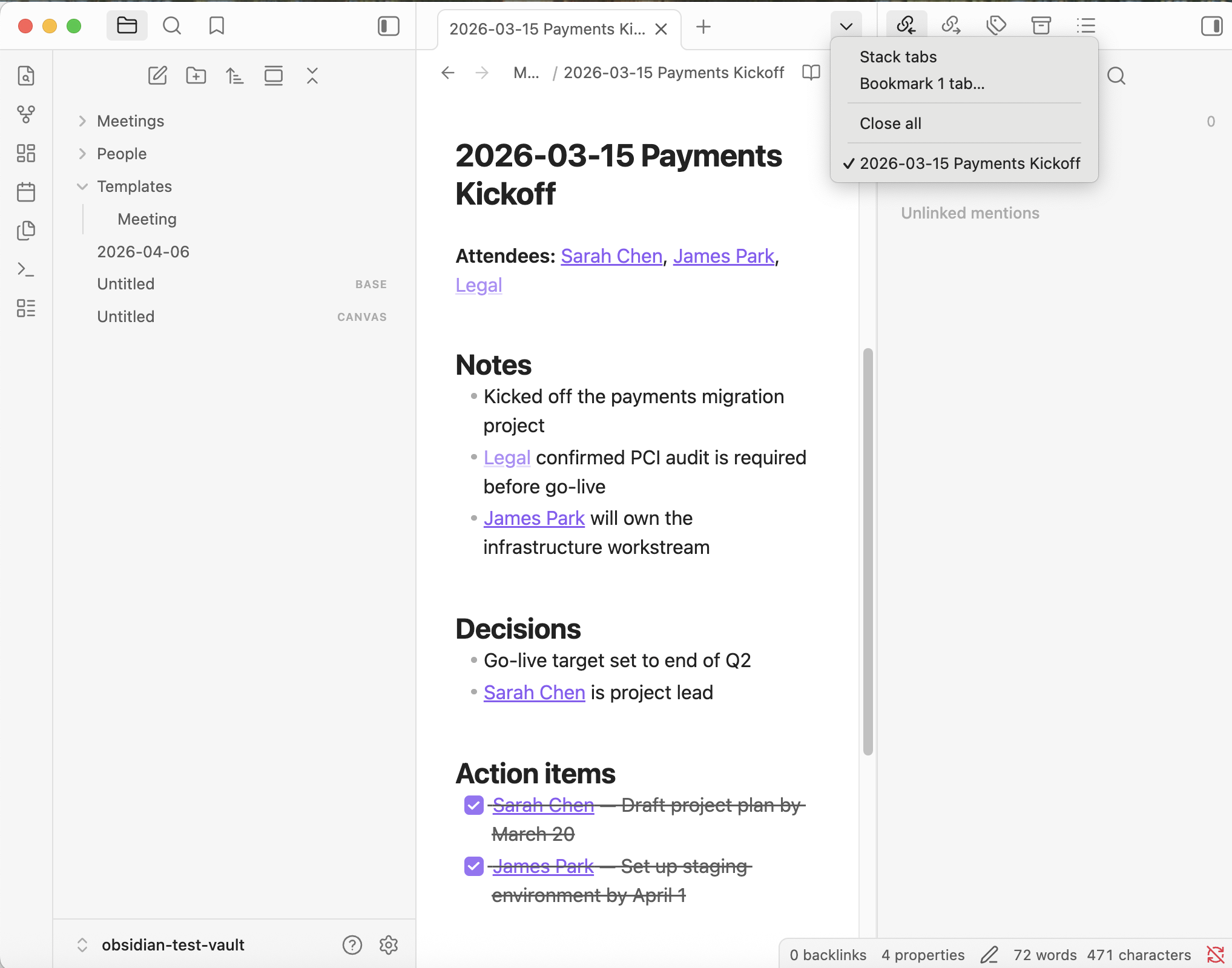 Person note with backlinks panel showing linked meeting notes