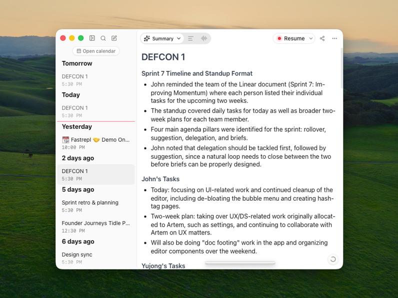 Anarlog meeting summary with recent meetings in the sidebar