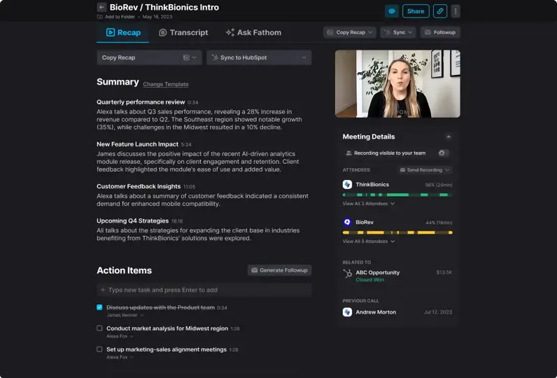 Fathom Recap showing an AI summary, action items, and meeting details