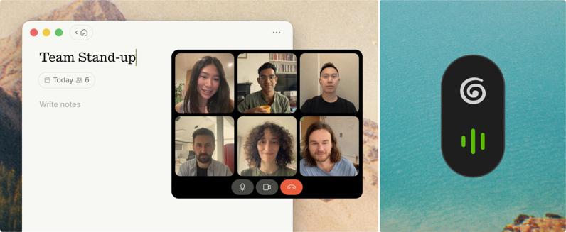 Granola notepad beside a video call with background transcription active