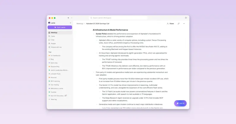 Jamie workspace showing a generated meeting note and Ask AI