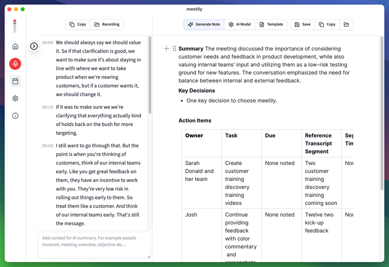 Meetily transcript beside a generated summary, decisions, and action items