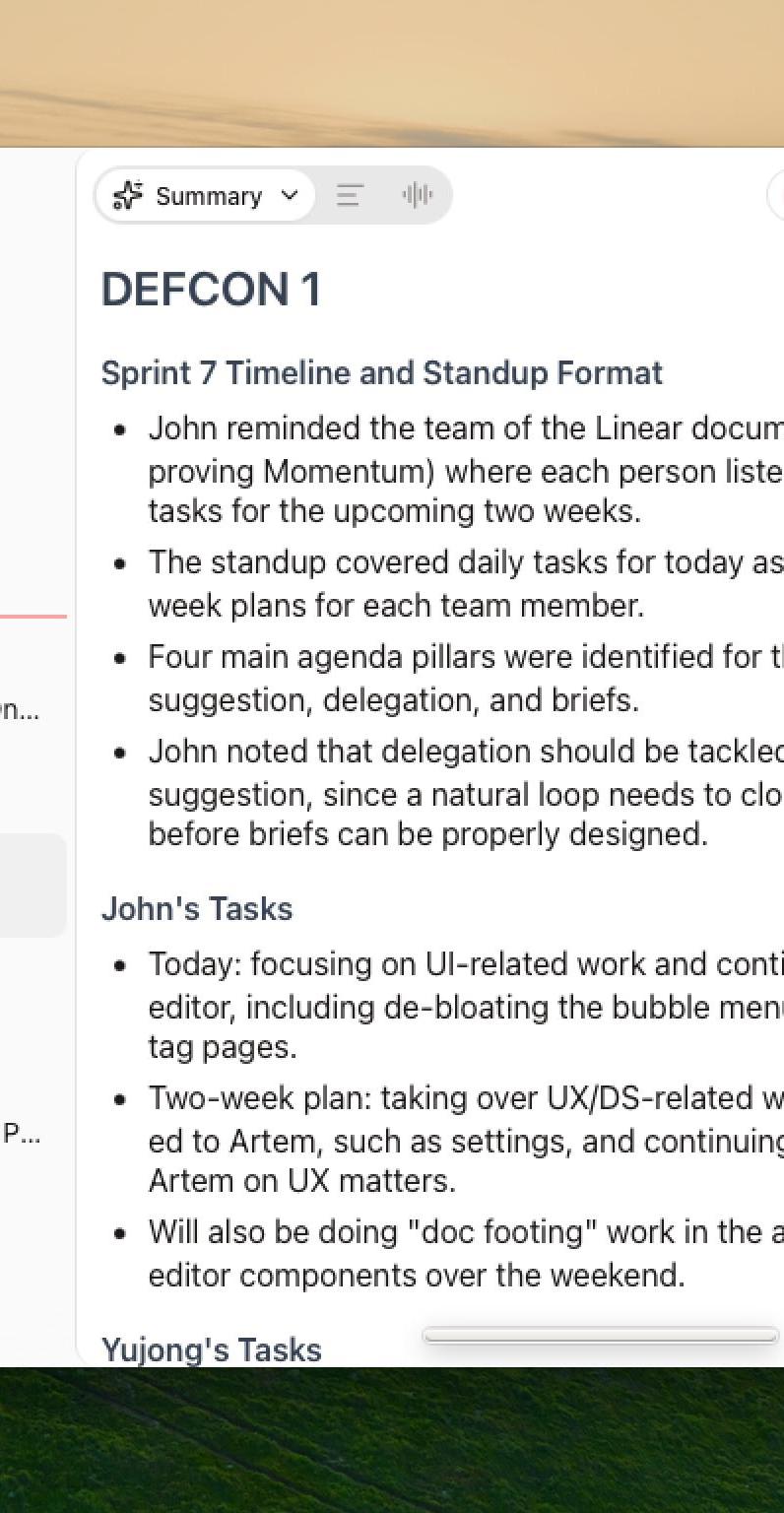 Anarlog meeting summary with recent meetings in the sidebar