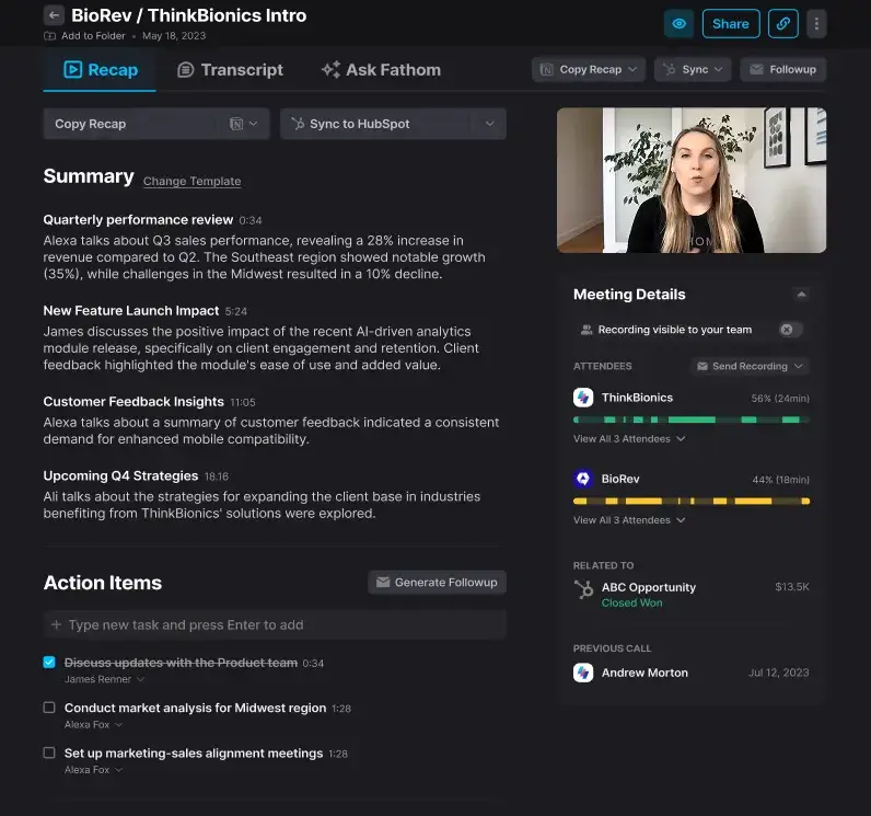 Fathom Recap showing an AI summary, action items, and meeting details