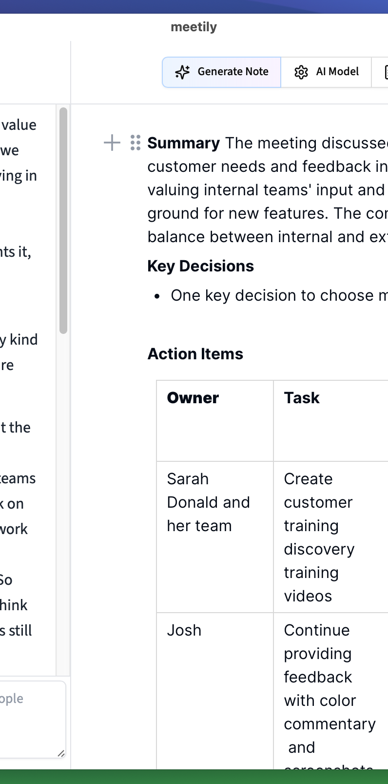 Meetily transcript beside a generated summary, decisions, and action items