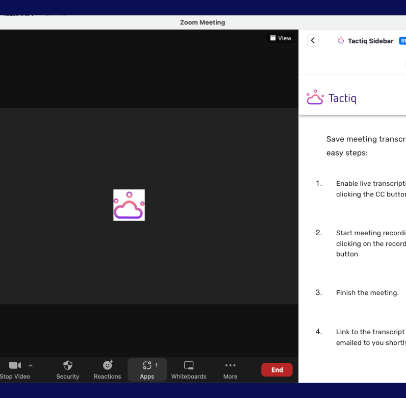 Tactiq Sidebar running inside a Zoom meeting with transcript-capture instructions