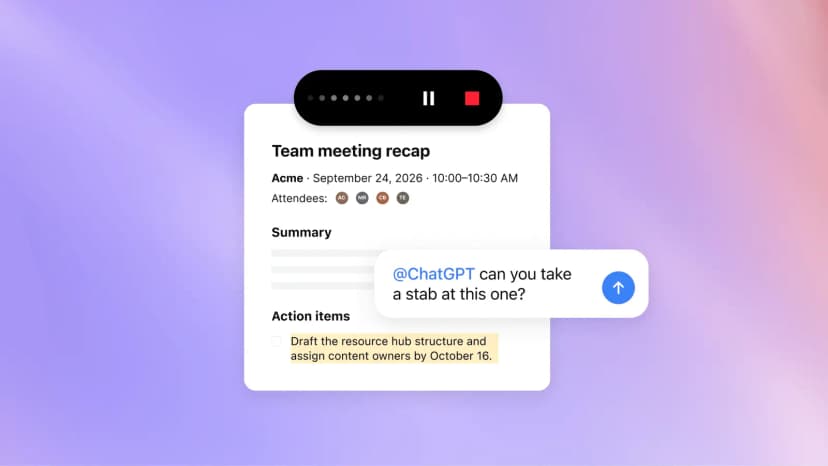 ChatGPT Meetings recap page with the notch-side recording controls, a summary, and action items (OpenAI's official Meetings artwork, not our own capture)