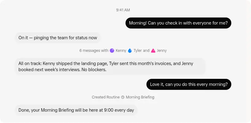 Grok Bot conversation that checks in with the team and creates a recurring Morning Briefing routine (xAI's own product mockup from its Grok Bot design post, not a workflow we ran)