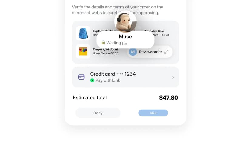 Meta Muse asking for approval to place an order, with item details, an estimated total, and Deny and Allow buttons (a frame from Meta's launch video for a shopping flow, not a meeting workflow we tested)