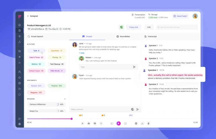 Fireflies meeting workspace with AI summary, transcript, speakers, and playback controls