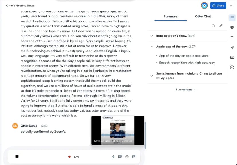 Otter product-launch meeting summary with transcript and meeting details
