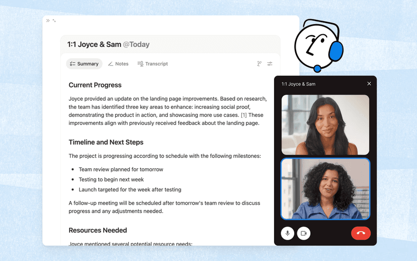 Notion AI meeting note beside an active video call