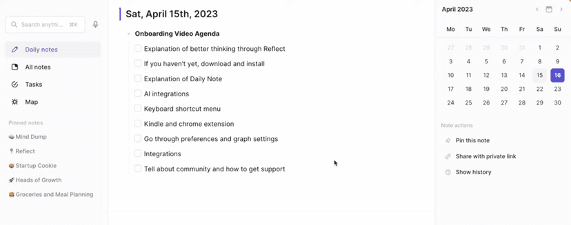 Reflect daily note with calendar, backlinks, and note actions