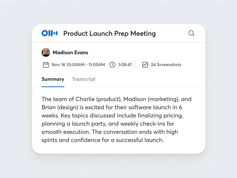 Otter product-launch meeting summary card with transcript tab and screenshots