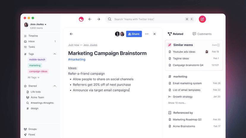Mem marketing brainstorm note with related notes and workspace navigation