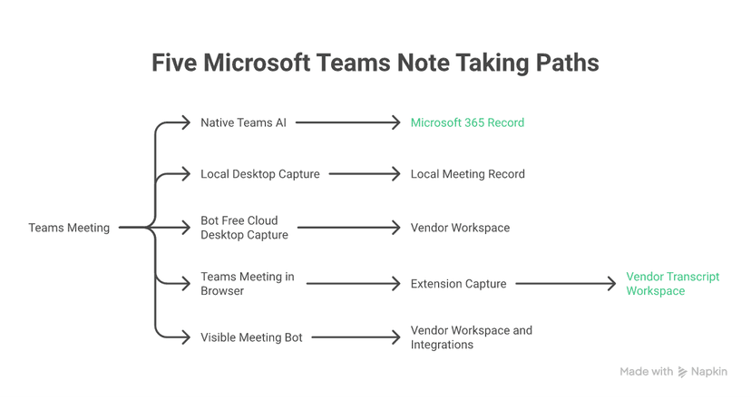 Five Microsoft Teams note-taking paths route meeting audio into very different records