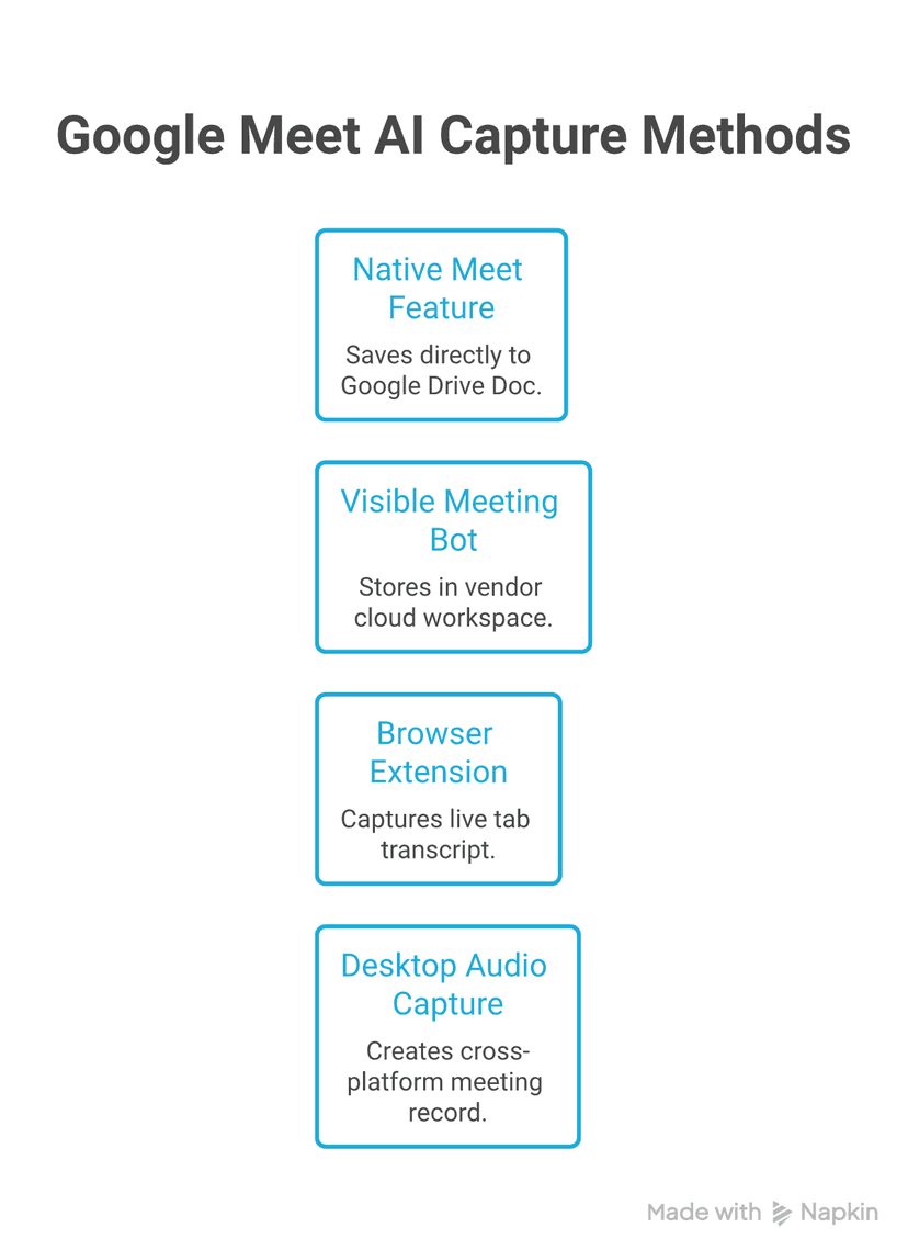 Four Google Meet AI note-taking capture paths: native, bot, browser extension, and desktop audio