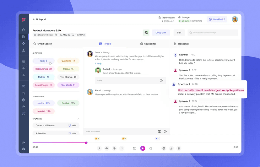 Fireflies meeting workspace with video, transcript, summary, and integrations
