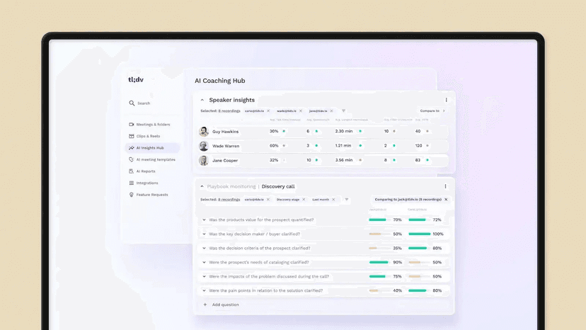 tl;dv coaching dashboard with speaker insights and meeting playback