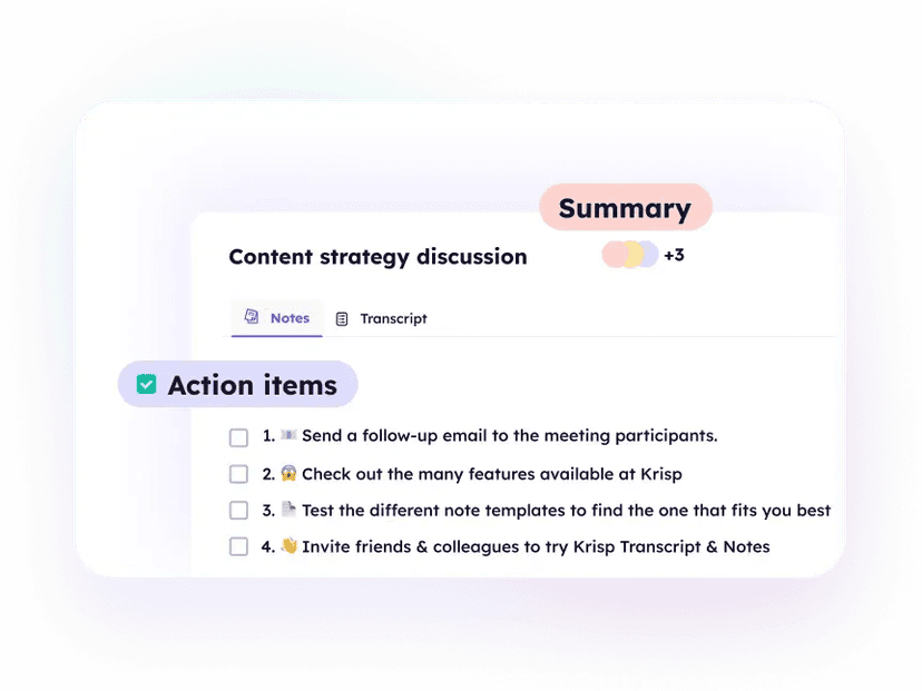 Krisp meeting summary with action items and transcript navigation