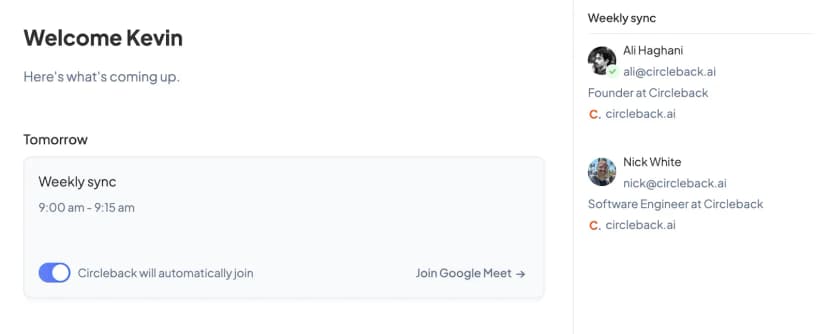 Circleback onboarding screen with an upcoming meeting and automatic-join control