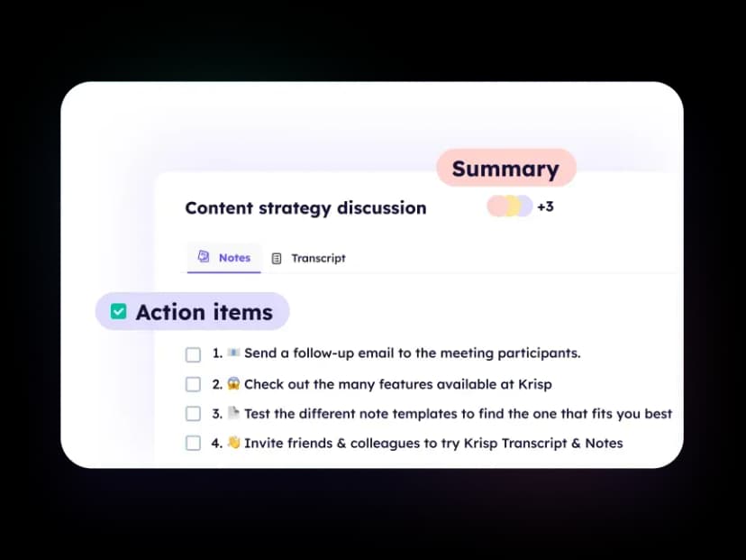 Krisp generated meeting summary with an action-item checklist