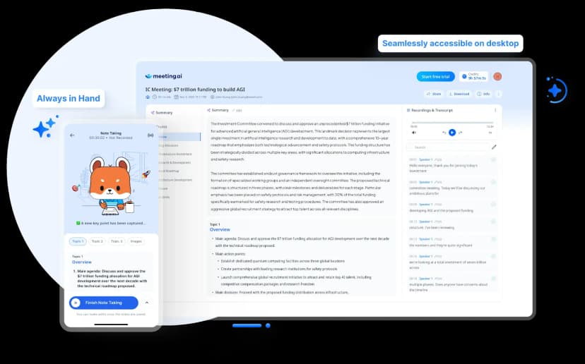 Meeting.ai desktop and mobile meeting-note workspaces