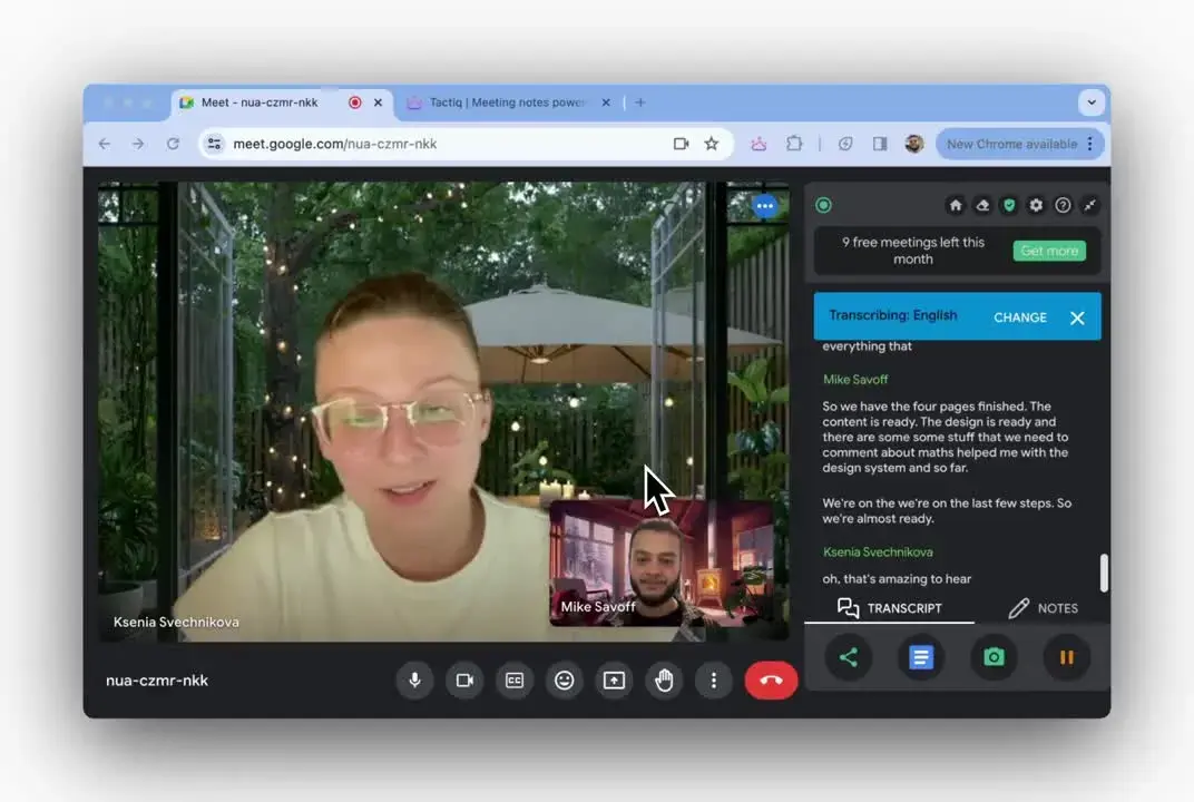 Tactiq live transcript panel beside a Google Meet browser call
