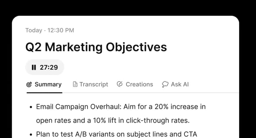 Voicenotes meeting record with summary, transcript, creations, and Ask AI tabs