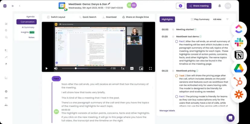 MeetGeek enterprise meeting workspace with transcript, playback, and AI insights