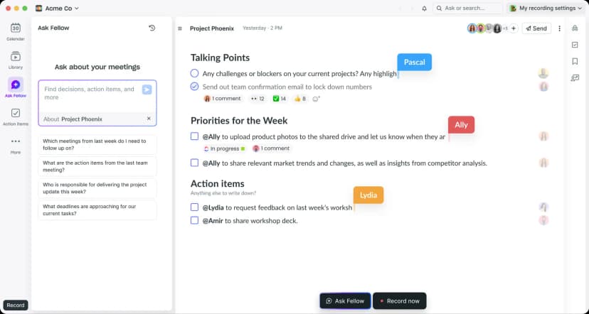Fellow Ask AI panel beside shared talking points and assigned action items