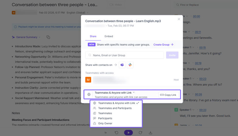 Fireflies' meeting recap sharing settings, with 'Teammates & anyone with the link' set as the default access level