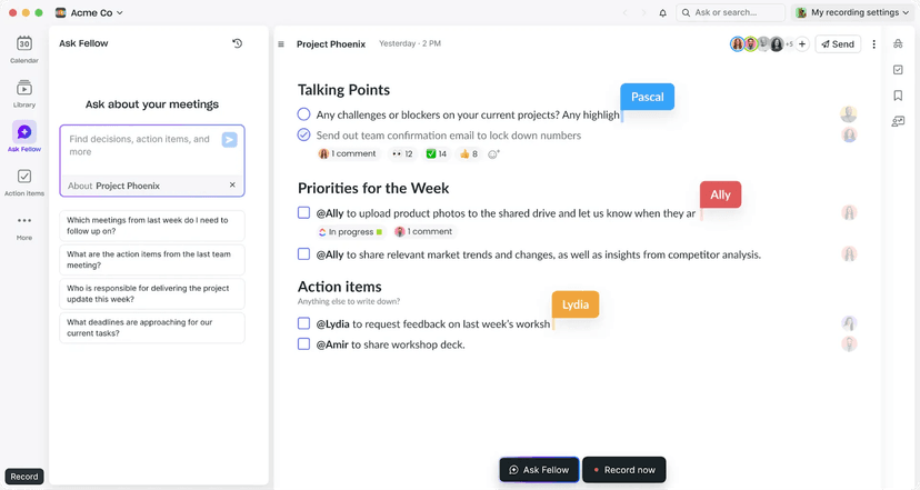 Fellow Ask AI panel beside shared talking points and assigned action items