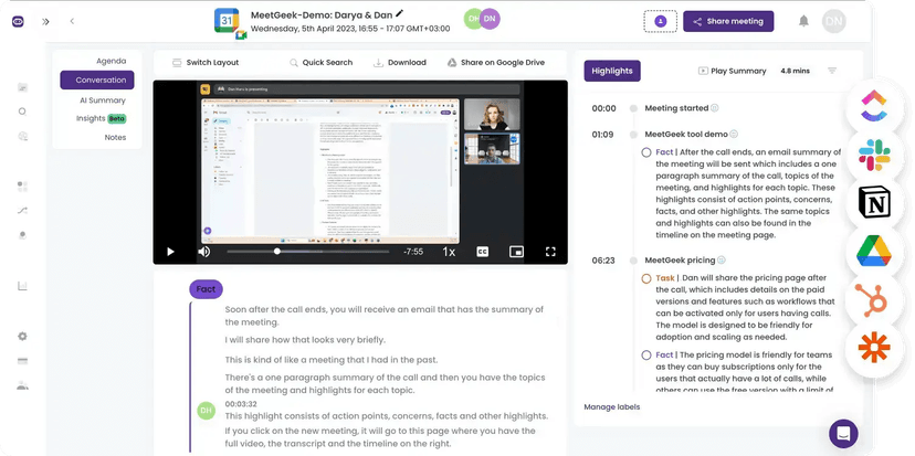 MeetGeek meeting workspace with video playback, transcript, and AI summary
