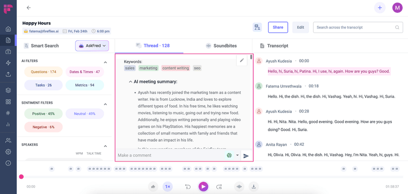 Fireflies meeting workspace with summary, transcript, sentiment, and speaker timeline