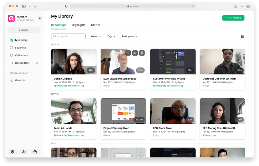 Grain meeting library with recordings, highlights, and stories