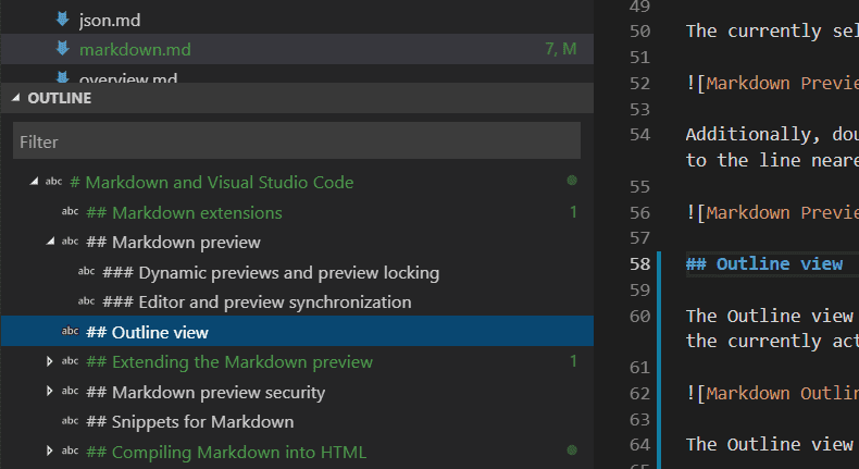 VS Code editing Markdown beside the document-outline sidebar