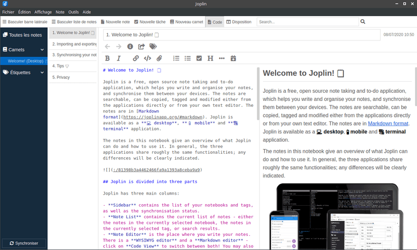 Joplin desktop workspace with Markdown source and rendered preview
