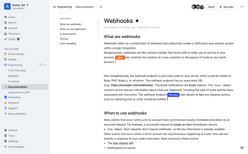 Outline team wiki showing API webhook documentation