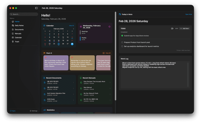 Novi Notes dark-mode daily dashboard with calendar, tasks, work log, and recent documents