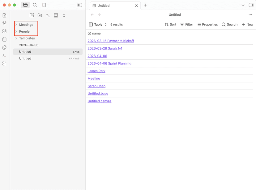 Obsidian vault with Meetings and People folders