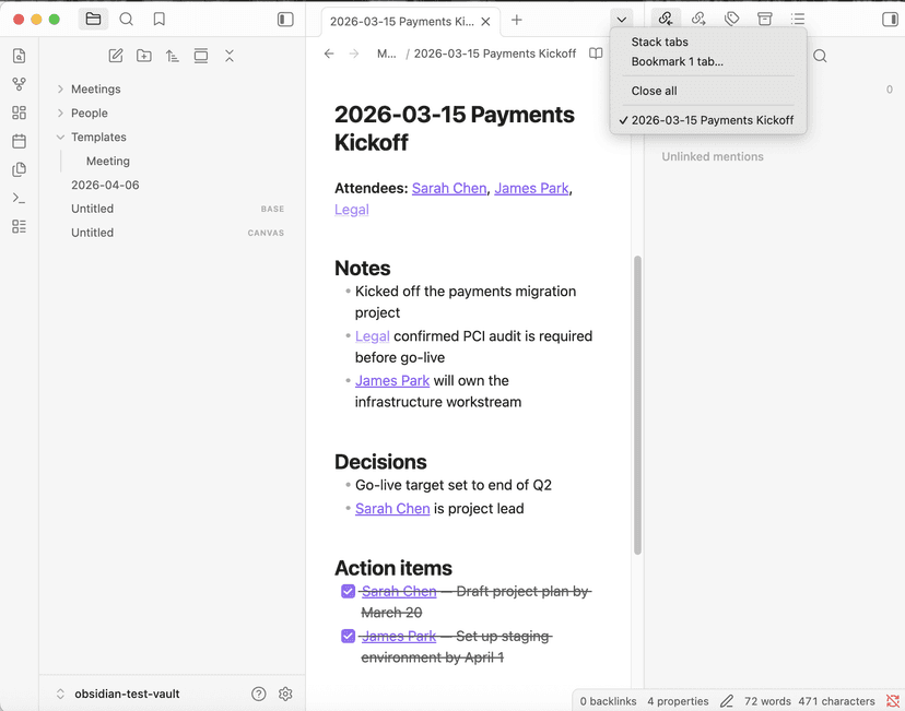 Person note with backlinks panel showing linked meeting notes