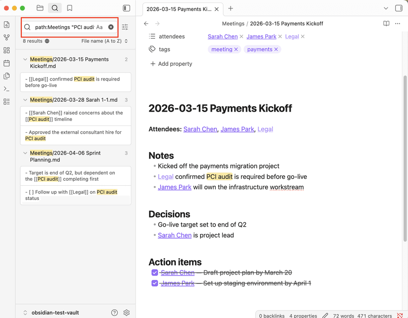 Obsidian search for a topic across all meeting notes