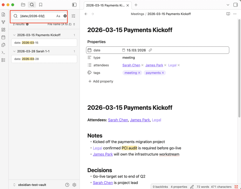 Obsidian search filtering notes by date property