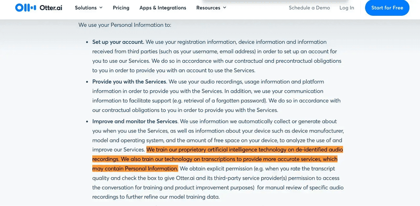 Otter privacy-policy language about training AI on de-identified recordings and transcripts