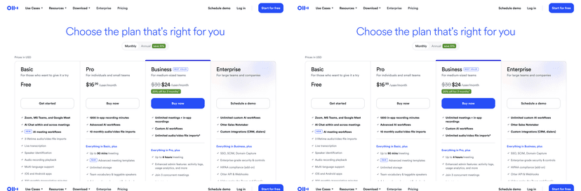 Otter.ai's Basic, Pro, Business, and Enterprise pricing tiers on the monthly billing view