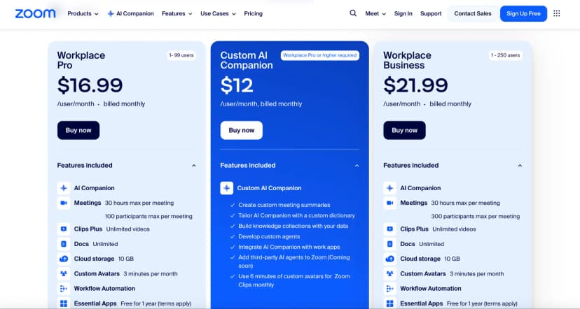 zoom ai companion pricing