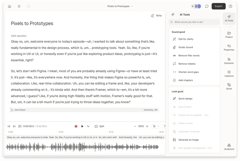Descript text-based editor with waveform, transcript, and AI Tools panel