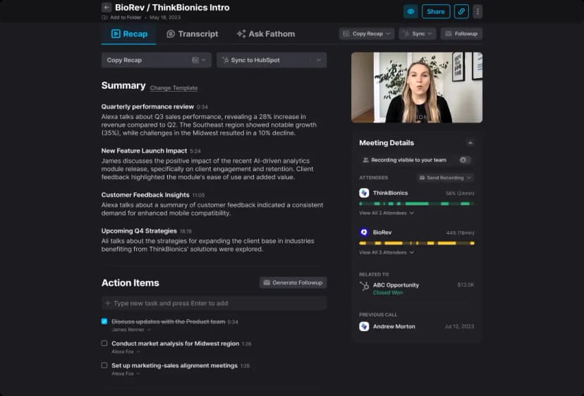 Fathom Recap showing an AI summary, action items, and meeting details