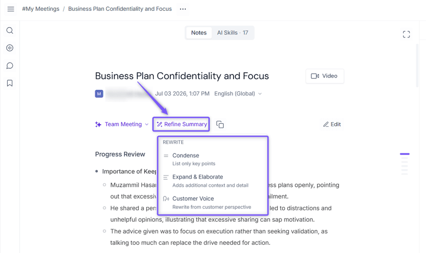 Fireflies meeting summary with controls to refine, expand, and regenerate the summary